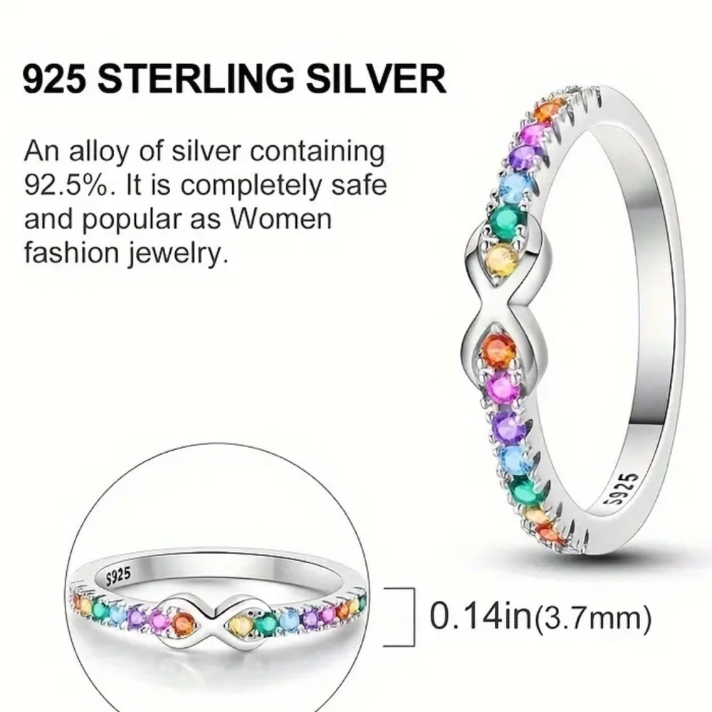 Multicolored Gemstone Band Infinity Ring SS925 Size 6 - Picture 4 of 7